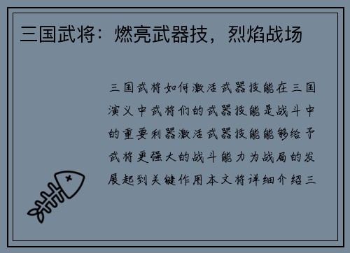 三国武将：燃亮武器技，烈焰战场